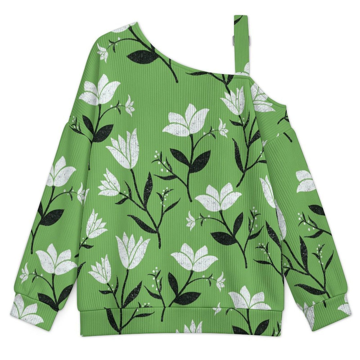 Off-the-shoulder Sweater Green  Flower  Asymmetric Cold Shoulder Knit Sweater for Women, Adjustable Buckle Strap Long Sleeve Casual Slouchy Pullover