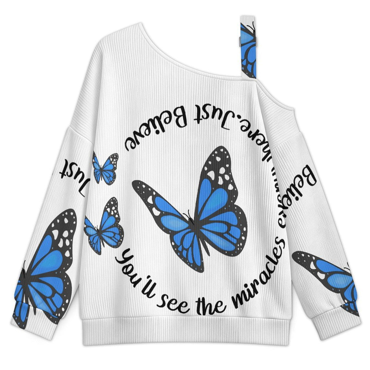 Fall Casual Asymmetric Shoulder Knit Top with Buckle Detail Blue Butterfly