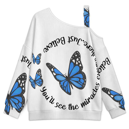 Fall Casual Asymmetric Shoulder Knit Top with Buckle Detail Blue Butterfly