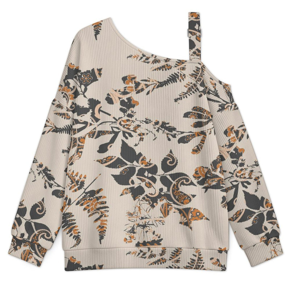 Off-the-shoulder Sweater Exotic Ethnic Pattern  Asymmetric Cold Shoulder Knit Sweater for Women, Adjustable Buckle Strap Long Sleeve Casual Slouchy Pullover