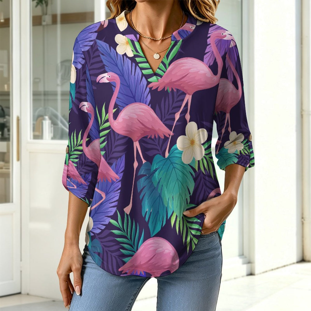 Stand-up Collar Long-sleeved Shirt Color, Leaves, Summer, Red Crowned Crane  Customization Women’s V-Neck Blouses,long Sleeve,Roll-Up Sleeve Shirt