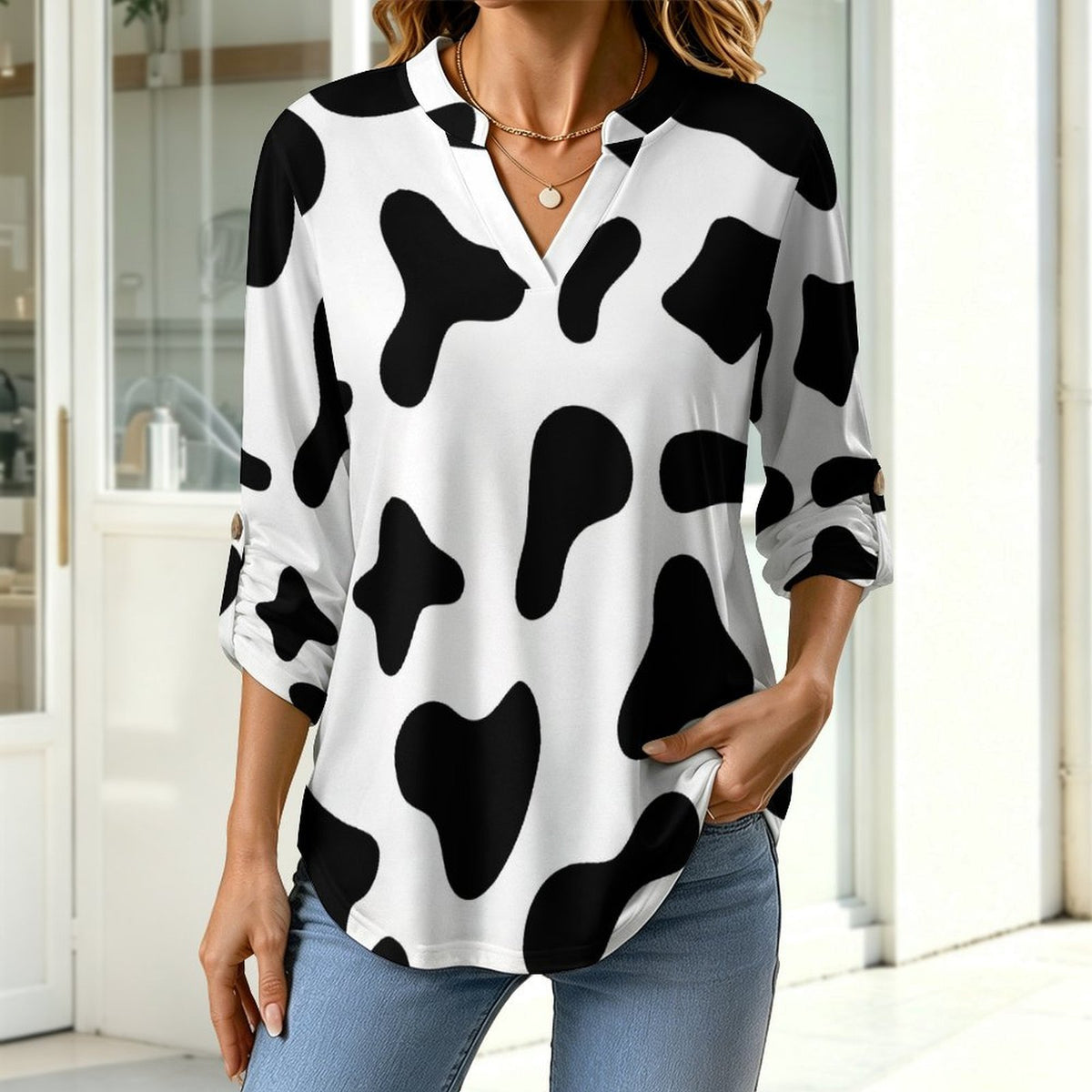 Stand-up Collar Long-sleeved Shirt Cow, Black And White  Women’s V-Neck Blouses