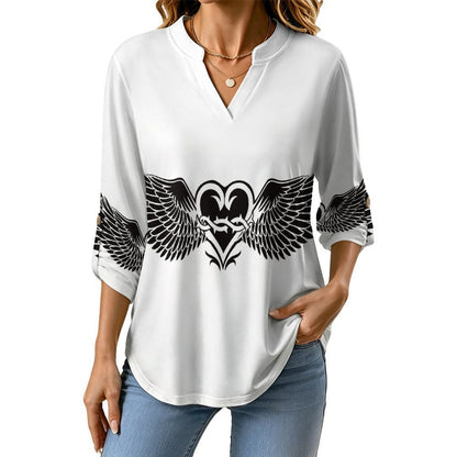 Stand-up Collar Long-sleeved Shirt Heart Shape, Wings  Customization Women’s V-Neck Blouses,long Sleeve,Roll-Up Sleeve Shirt