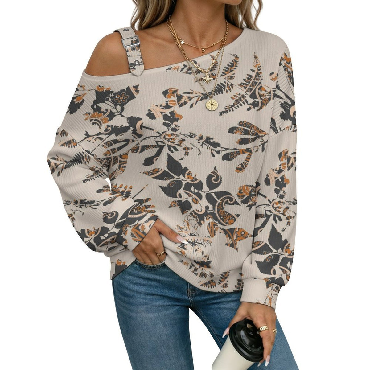 Off-the-shoulder Sweater Exotic Ethnic Pattern  Asymmetric Cold Shoulder Knit Sweater for Women, Adjustable Buckle Strap Long Sleeve Casual Slouchy Pullover