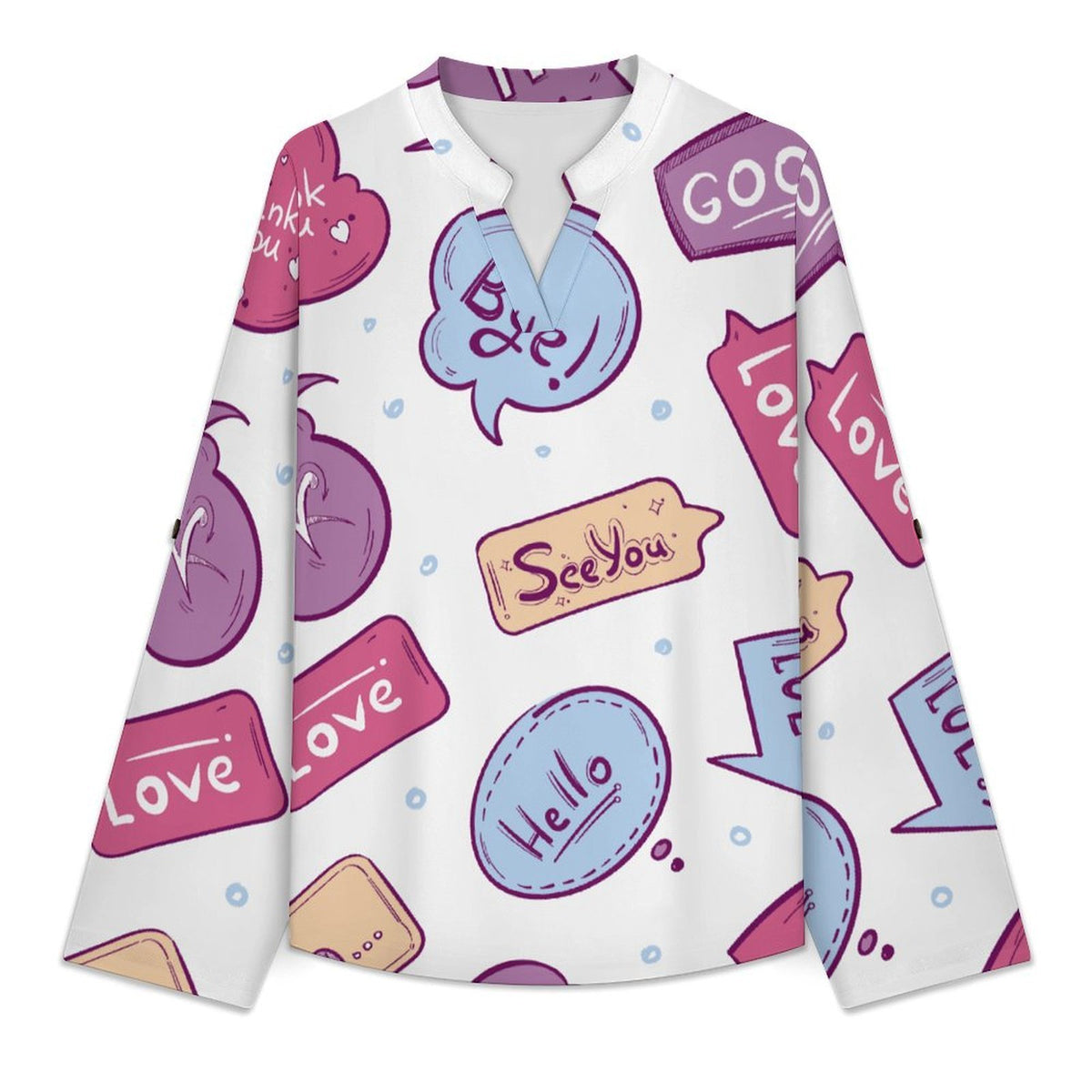 Women Curved Hem V Neck Roll Sleeve Casual Work Top  Cartoon, Pop, Pattern