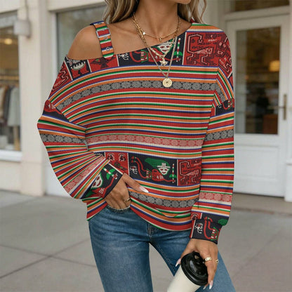 Off-the-shoulder Sweater Pattern  Asymmetric Cold Shoulder Knit Sweater for Women, Adjustable Buckle Strap Long Sleeve Casual Slouchy Pullover