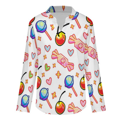Stand-up Collar Long-sleeved Shirt Pixel Food  Customization Women’s V-Neck Blouses,long Sleeve,Roll-Up Sleeve Shirt