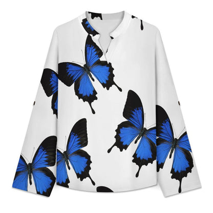 Stand-up Collar Long-sleeved Shirt The Butterfly Repeat  Customization Women’s V-Neck Blouses,long Sleeve,Roll-Up Sleeve Shirt