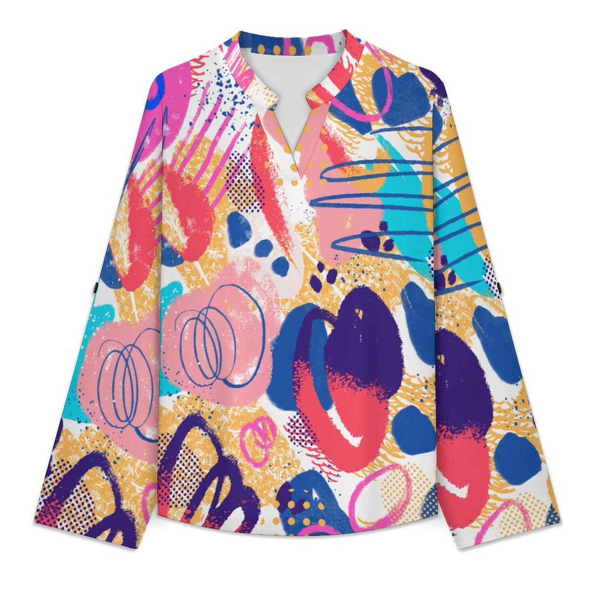 Stand-up Collar Long-sleeved Shirt Color Graffiti Pattern, Cartoon  Customization Women’s V-Neck Blouses,long Sleeve,Roll-Up Sleeve Shirt