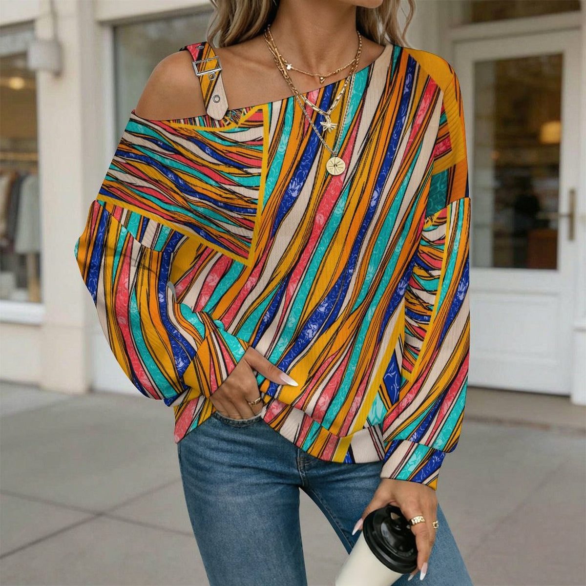 Long Sleeve Relaxed-Fit Solid Pullover Colored Fabric Lines