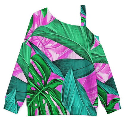 Hemp Leaf Pattern, Summer Buckle Strap Asymmetrical Off Shoulder Knit Sweater