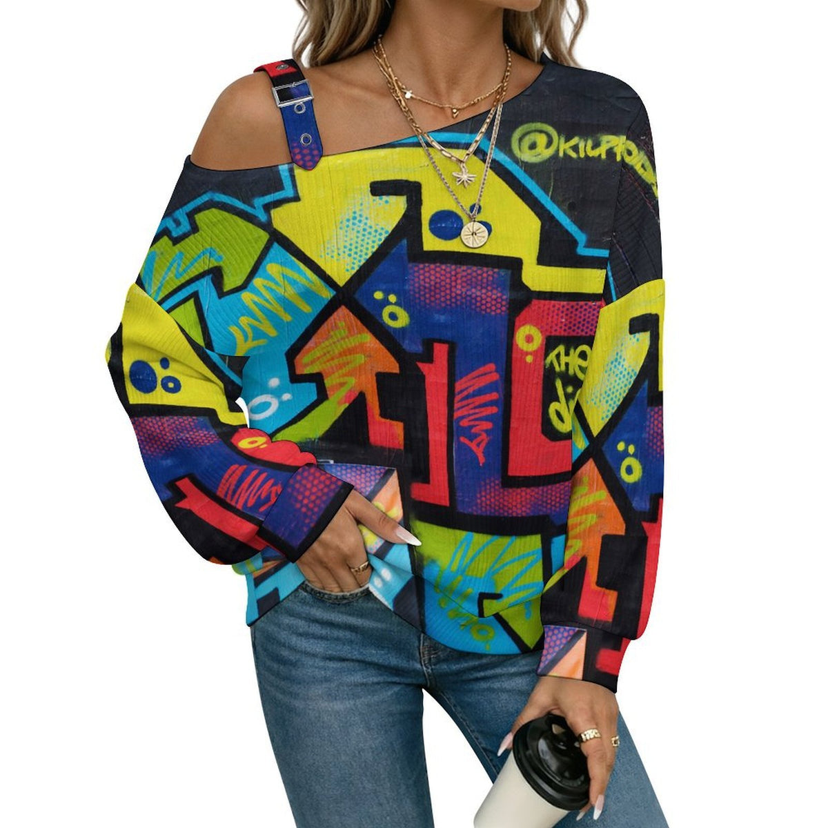 Off-the-shoulder Sweater Color Geometric Graffiti  Asymmetric Cold Shoulder Knit Sweater for Women, Adjustable Buckle Strap Long Sleeve Casual Slouchy Pullover