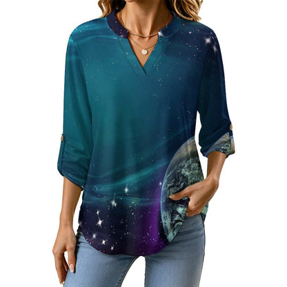 Stand-up Collar Long-sleeved Shirt Planet, Outer Space  Customization Women’s V-Neck Blouses,long Sleeve,Roll-Up Sleeve Shirt