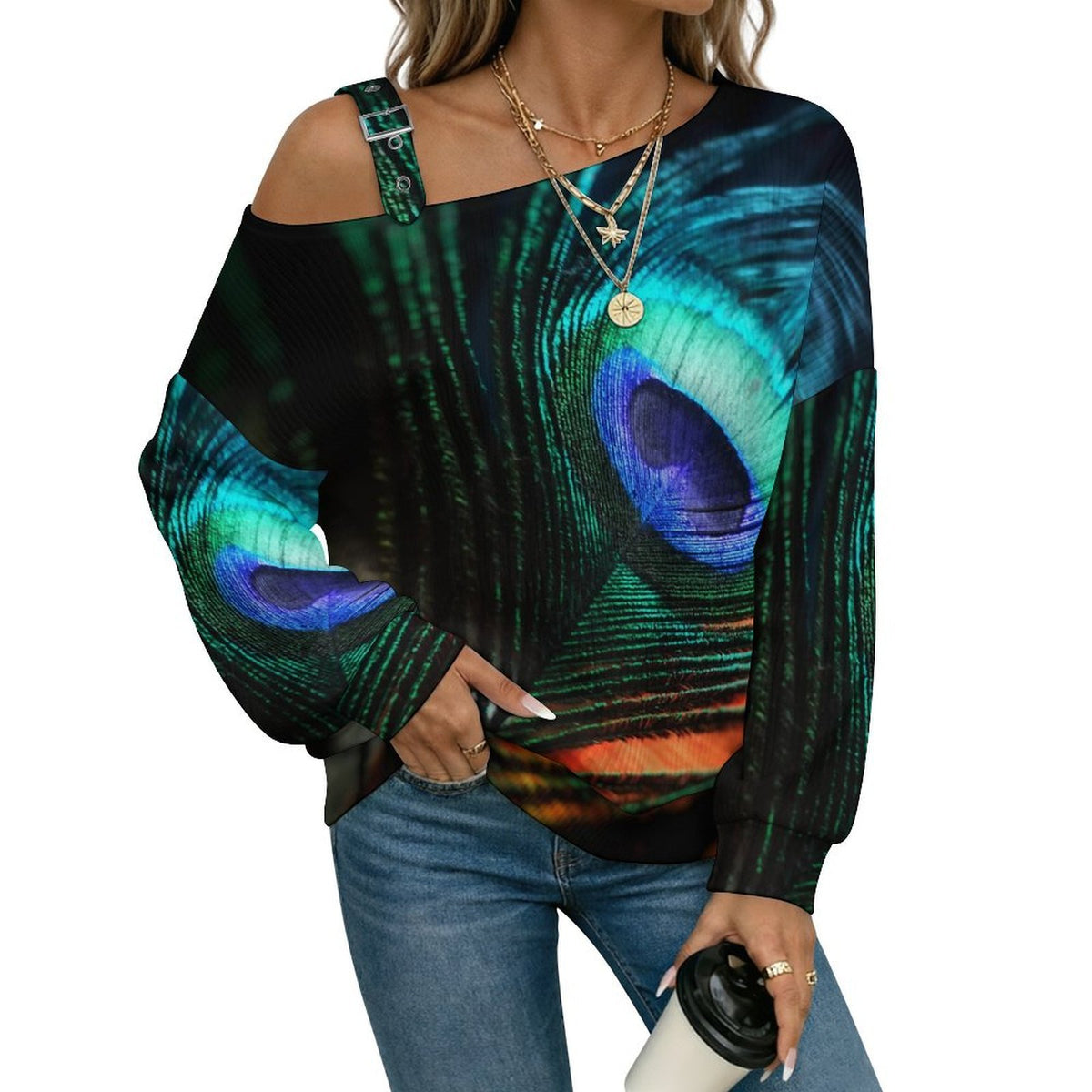 Off-the-shoulder Sweater Peacock Hair Pattern  Asymmetric Cold Shoulder Knit Sweater for Women, Adjustable Buckle Strap Long Sleeve Casual Slouchy Pullover