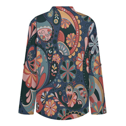 Stand-up Collar Long-sleeved Shirt Color, Paisley Pattern  Customization Women’s V-Neck Blouses,long Sleeve,Roll-Up Sleeve Shirt