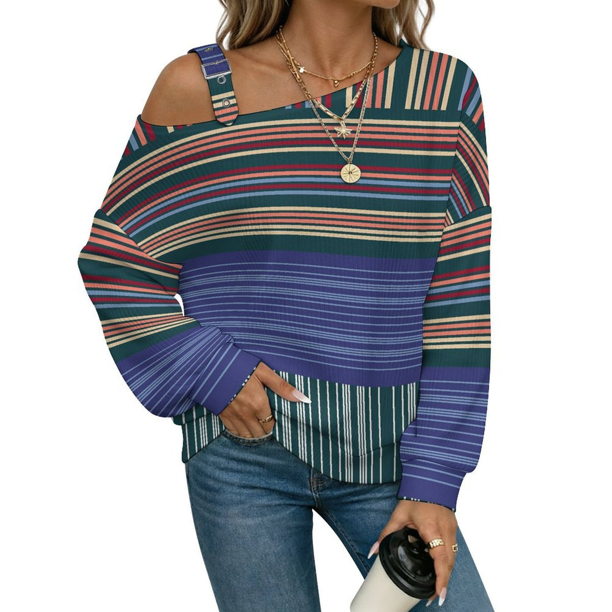 Off-the-shoulder Sweater Fashion Stripe  Asymmetric Cold Shoulder Knit Sweater for Women, Adjustable Buckle Strap Long Sleeve Casual Slouchy Pullover