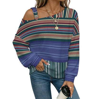 Off-the-shoulder Sweater Fashion Stripe  Asymmetric Cold Shoulder Knit Sweater for Women, Adjustable Buckle Strap Long Sleeve Casual Slouchy Pullover