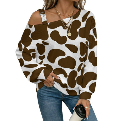 Off-the-shoulder Sweater Pattern-cow-brown-white-repeat  Asymmetric Cold Shoulder Knit Sweater for Women, Adjustable Buckle Strap Long Sleeve Casual Slouchy Pullover