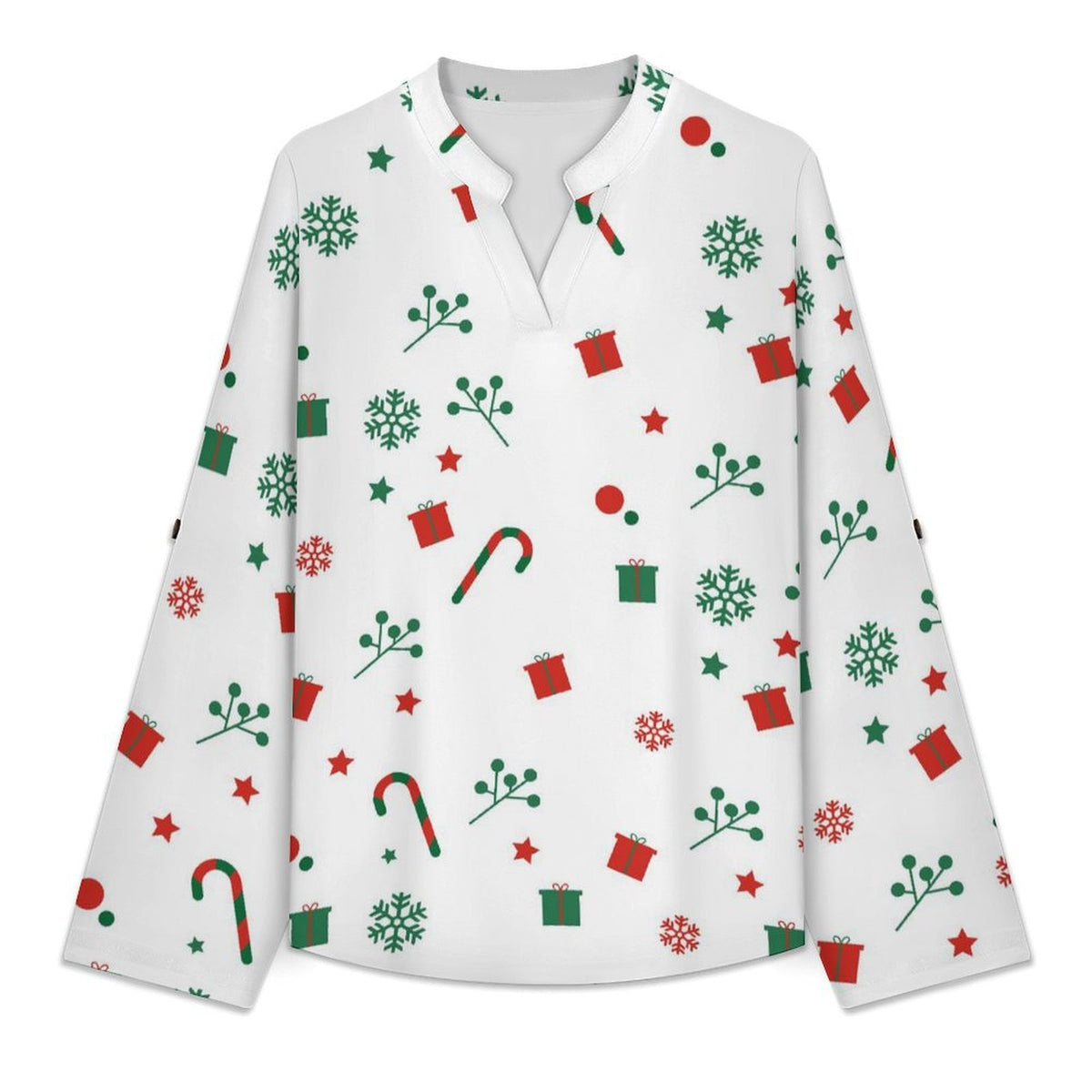Women's Notched V Neck Tunic Tops, Roll Up 3/4 Sleeve Button Cuff Casual Blouse, Hem Loose Work Shirts  Christmas Snow