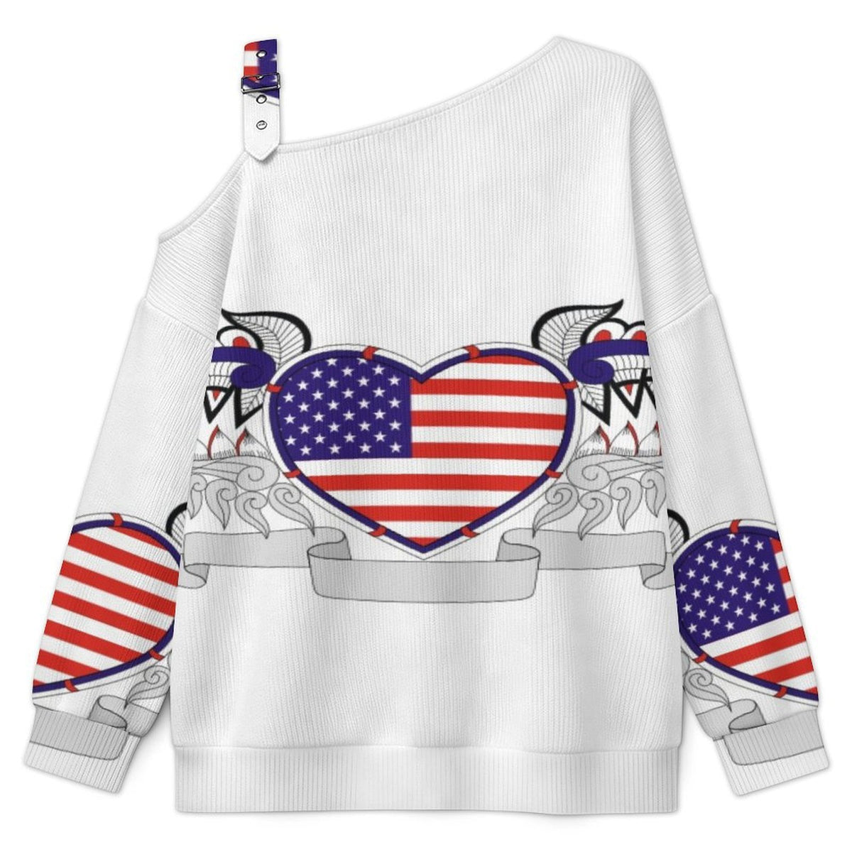Off-the-shoulder Sweater Heart USA  Asymmetric Cold Shoulder Knit Sweater for Women, Adjustable Buckle Strap Long Sleeve Casual Slouchy Pullover
