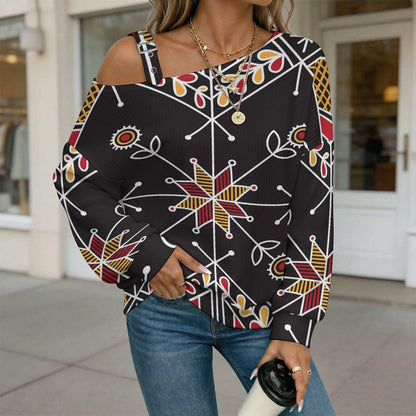Off-the-shoulder Sweater Pattern  Asymmetric Cold Shoulder Knit Sweater for Women, Adjustable Buckle Strap Long Sleeve Casual Slouchy Pullover