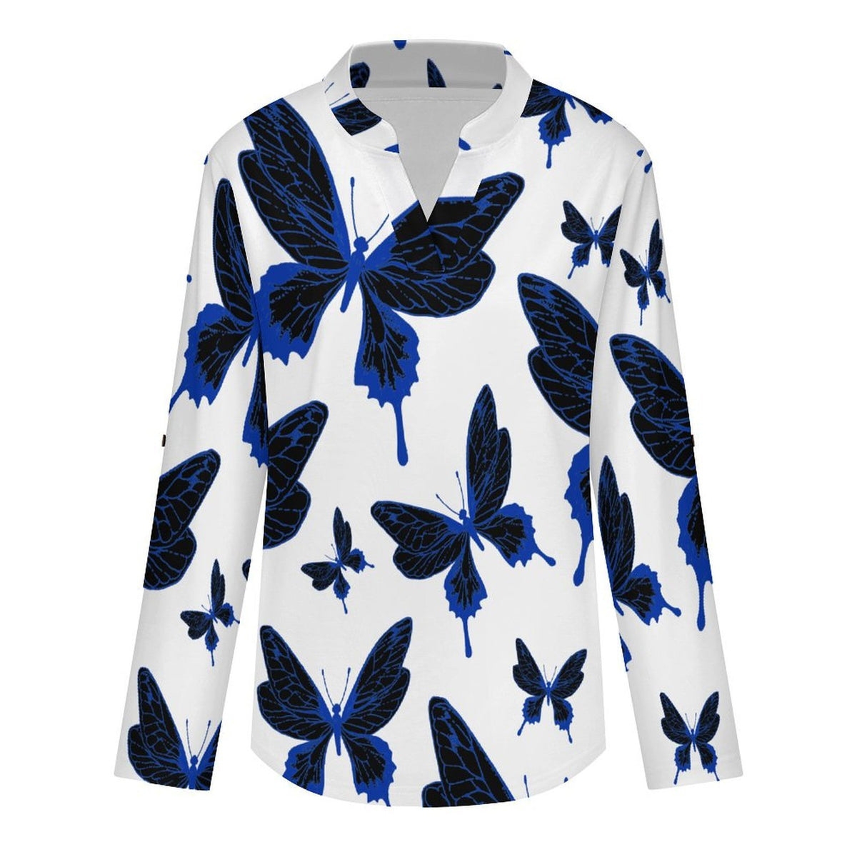 Stand-up Collar Long-sleeved Shirt Butterfly Good Luck Repeat Pattern  Customization Women’s V-Neck Blouses,long Sleeve,Roll-Up Sleeve Shirt