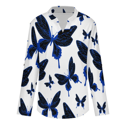 Stand-up Collar Long-sleeved Shirt Butterfly Good Luck Repeat Pattern  Customization Women’s V-Neck Blouses,long Sleeve,Roll-Up Sleeve Shirt