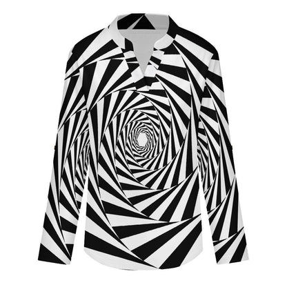 Stand-up Collar Long-sleeved Shirt Black And White Interleaving Pattern  Customization Women’s V-Neck Blouses,long Sleeve,Roll-Up Sleeve Shirt