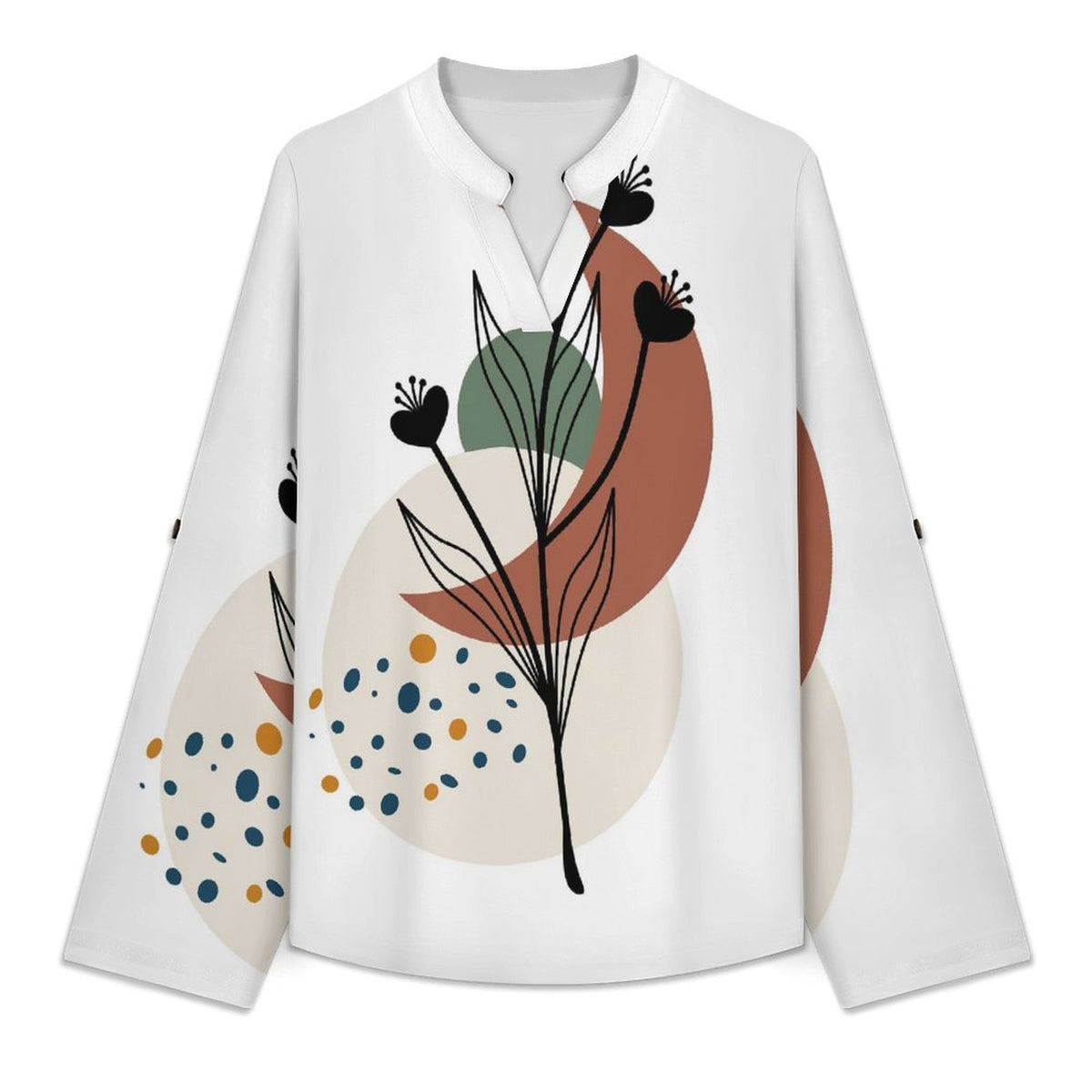 Stand-up Collar Long-sleeved Shirt Chinese Wind Scenery  Customization Women’s V-Neck Blouses,long Sleeve,Roll-Up Sleeve Shirt