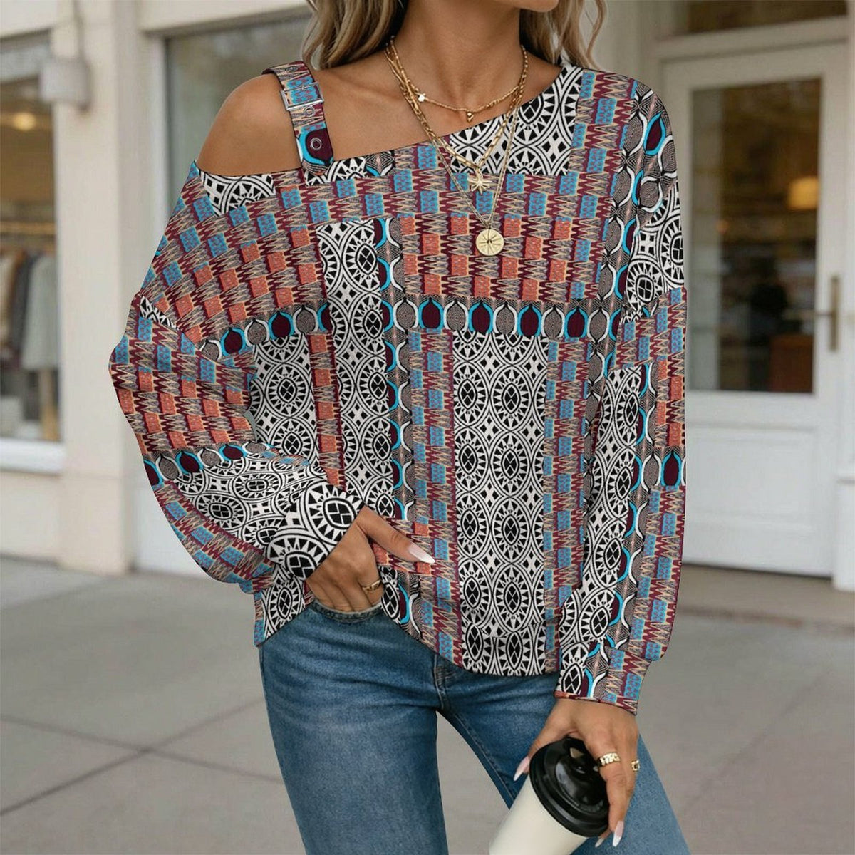 Off-the-shoulder Sweater European Retro Pattern  Asymmetric Cold Shoulder Knit Sweater for Women, Adjustable Buckle Strap Long Sleeve Casual Slouchy Pullover