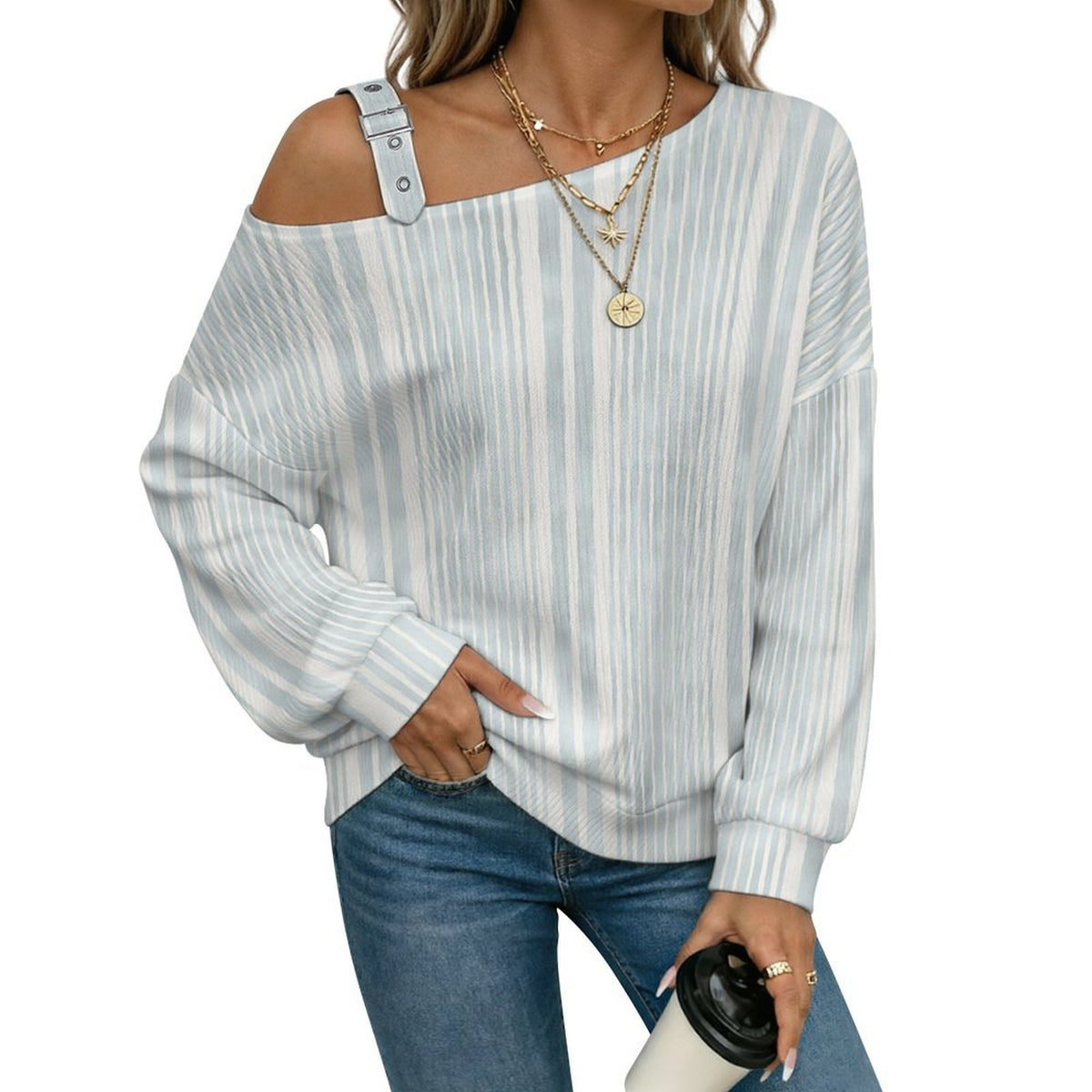 Off-the-shoulder Sweater Fashion Stripe  Asymmetric Cold Shoulder Knit Sweater for Women, Adjustable Buckle Strap Long Sleeve Casual Slouchy Pullover