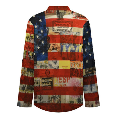 Stand-up Collar Long-sleeved Shirt National Flag, History, War  Customization Women’s V-Neck Blouses,long Sleeve,Roll-Up Sleeve Shirt