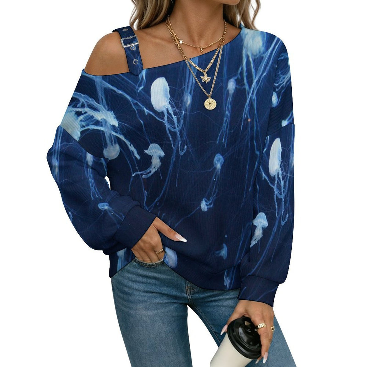 Off-the-shoulder Sweater Jellyfish Ocean  Asymmetric Cold Shoulder Knit Sweater for Women, Adjustable Buckle Strap Long Sleeve Casual Slouchy Pullover
