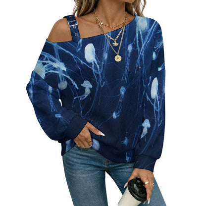 Off-the-shoulder Sweater Jellyfish Ocean  Asymmetric Cold Shoulder Knit Sweater for Women, Adjustable Buckle Strap Long Sleeve Casual Slouchy Pullover