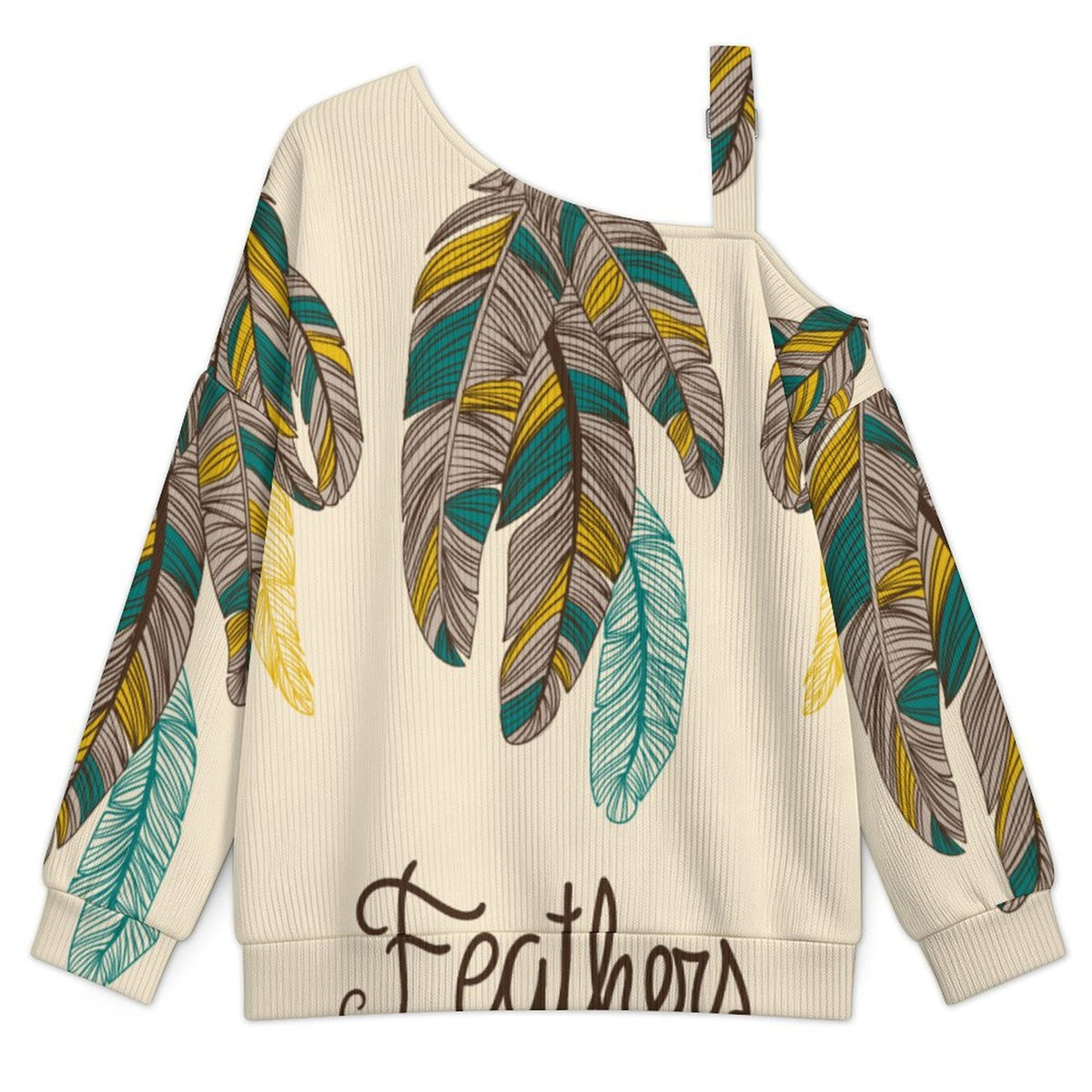 Off-the-shoulder Sweater Feathers  Asymmetric Cold Shoulder Knit Sweater for Women, Adjustable Buckle Strap Long Sleeve Casual Slouchy Pullover