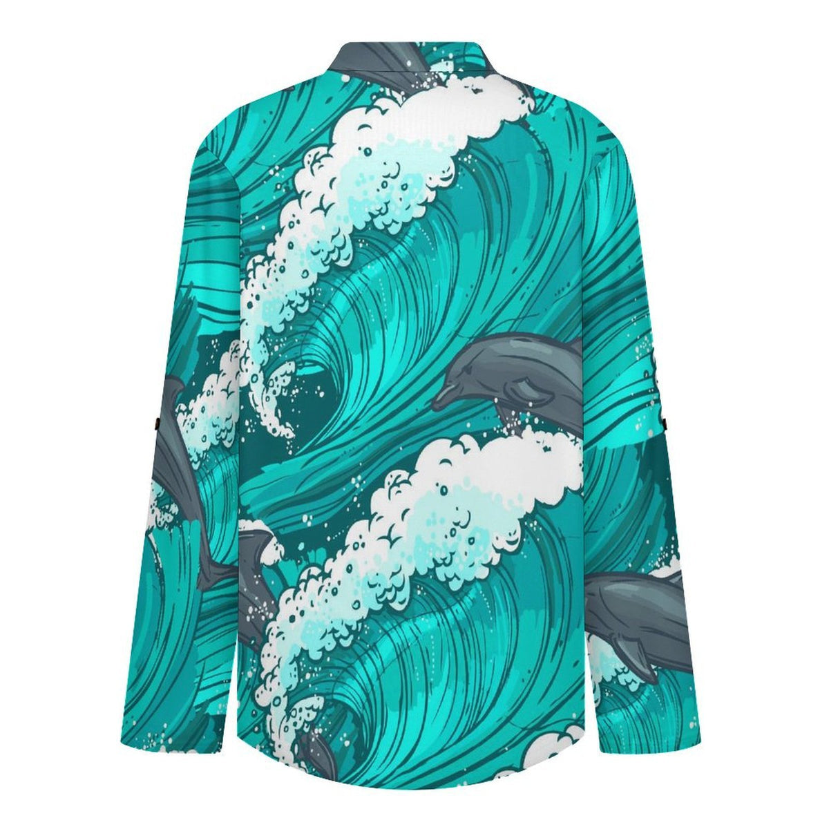 Stand-up Collar Long-sleeved Shirt Dolphins, Waves  Customization Women’s V-Neck Blouses,long Sleeve,Roll-Up Sleeve Shirt