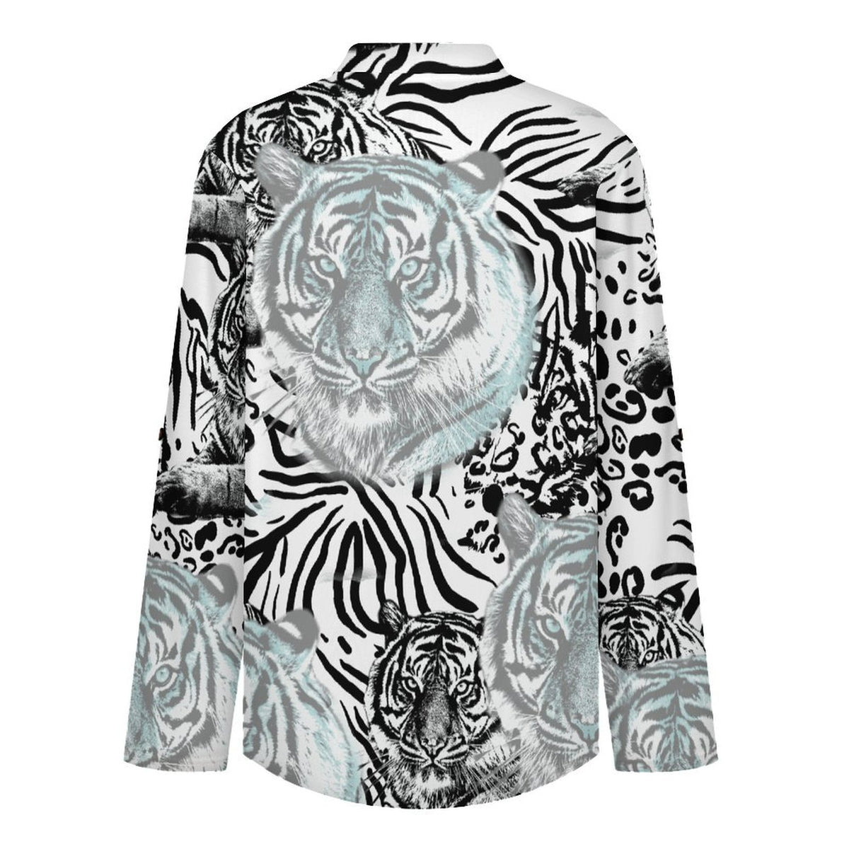 Women's Notched V Neck Tunic Tops, Roll Up 3/4 Sleeve Button Cuff Casual Blouse, Hem Loose Work Shirts  Tiger Pattern, Repeating Pattern