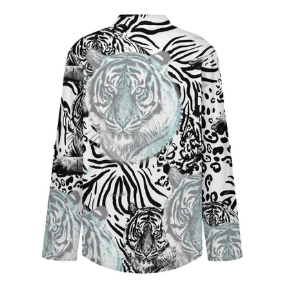 Women's Notched V Neck Tunic Tops, Roll Up 3/4 Sleeve Button Cuff Casual Blouse, Hem Loose Work Shirts  Tiger Pattern, Repeating Pattern
