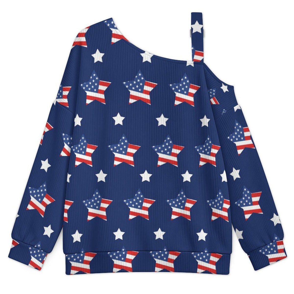 Buckle Strap Asymmetrical Off Shoulder Knit Sweater American Flag Star
