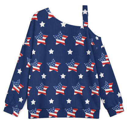 Buckle Strap Asymmetrical Off Shoulder Knit Sweater American Flag Star