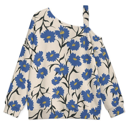 Off-the-shoulder Sweater Blue Flower  Asymmetric Cold Shoulder Knit Sweater for Women, Adjustable Buckle Strap Long Sleeve Casual Slouchy Pullover
