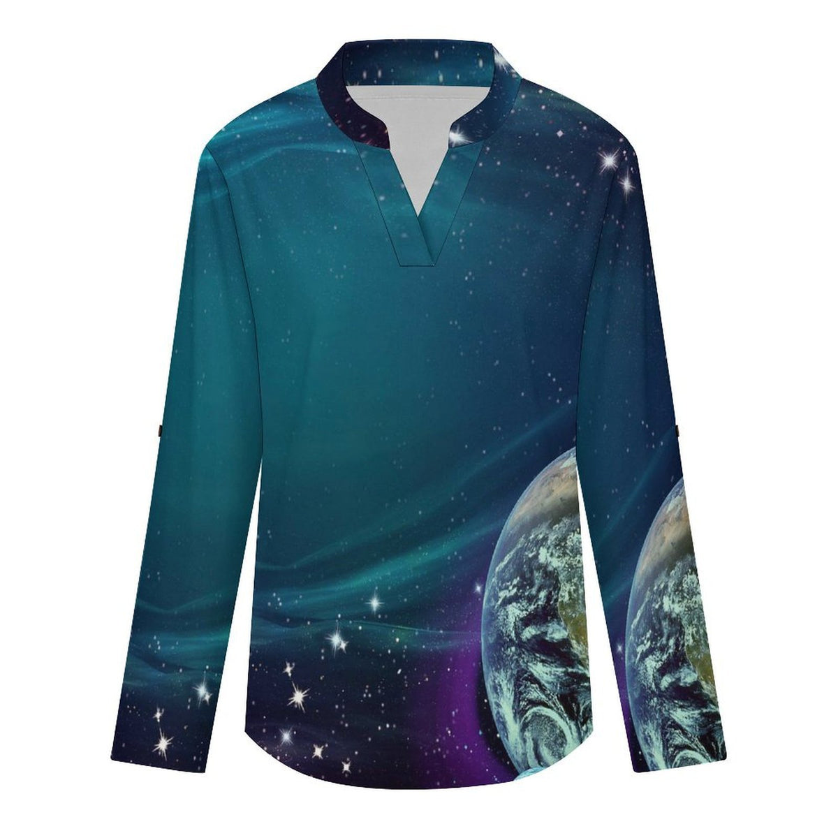 Stand-up Collar Long-sleeved Shirt Planet, Outer Space  Customization Women’s V-Neck Blouses,long Sleeve,Roll-Up Sleeve Shirt