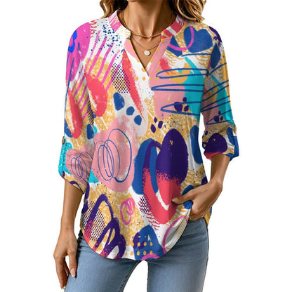 Stand-up Collar Long-sleeved Shirt Color Graffiti Pattern, Cartoon  Customization Women’s V-Neck Blouses,long Sleeve,Roll-Up Sleeve Shirt