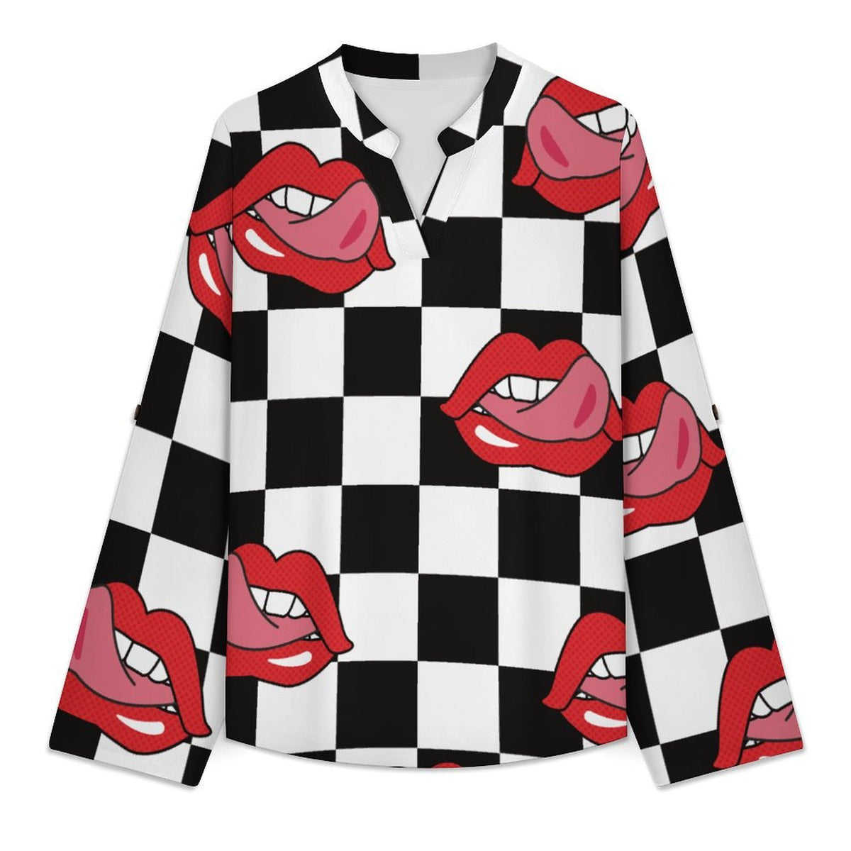 Stand-up Collar Long-sleeved Shirt Pop Style Red Lips Repeat Pattern Black And White Checkered  Customization Women’s V-Neck Blouses,long Sleeve,Roll-Up Sleeve Shirt