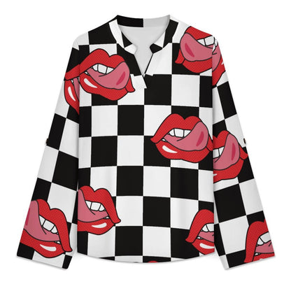 Stand-up Collar Long-sleeved Shirt Pop Style Red Lips Repeat Pattern Black And White Checkered  Customization Women’s V-Neck Blouses,long Sleeve,Roll-Up Sleeve Shirt