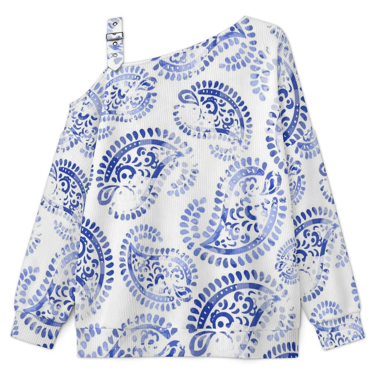 Off-the-shoulder Sweater Blue Paisley Pattern  Asymmetric Cold Shoulder Knit Sweater for Women, Adjustable Buckle Strap Long Sleeve Casual Slouchy Pullover