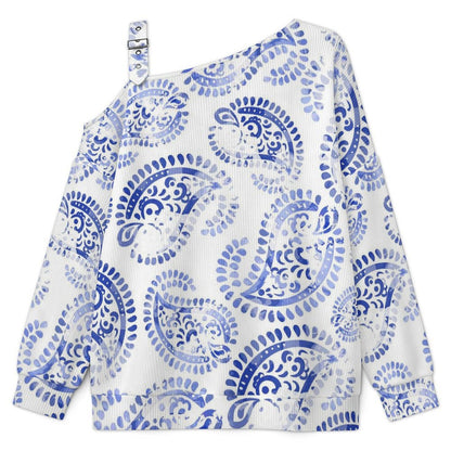Off-the-shoulder Sweater Blue Paisley Pattern  Asymmetric Cold Shoulder Knit Sweater for Women, Adjustable Buckle Strap Long Sleeve Casual Slouchy Pullover