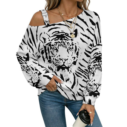 Off-the-shoulder Sweater Black And White Painting, Vigilant Tiger  Asymmetric Cold Shoulder Knit Sweater for Women, Adjustable Buckle Strap Long Sleeve Casual Slouchy Pullover