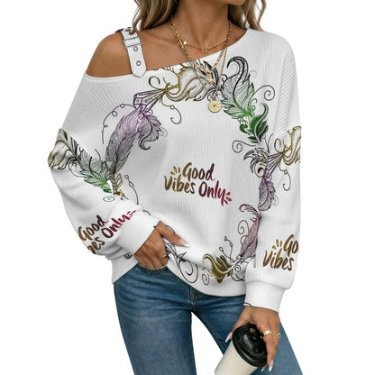 Off-the-shoulder Sweater Good Vibes Only  Asymmetric Cold Shoulder Knit Sweater for Women, Adjustable Buckle Strap Long Sleeve Casual Slouchy Pullover