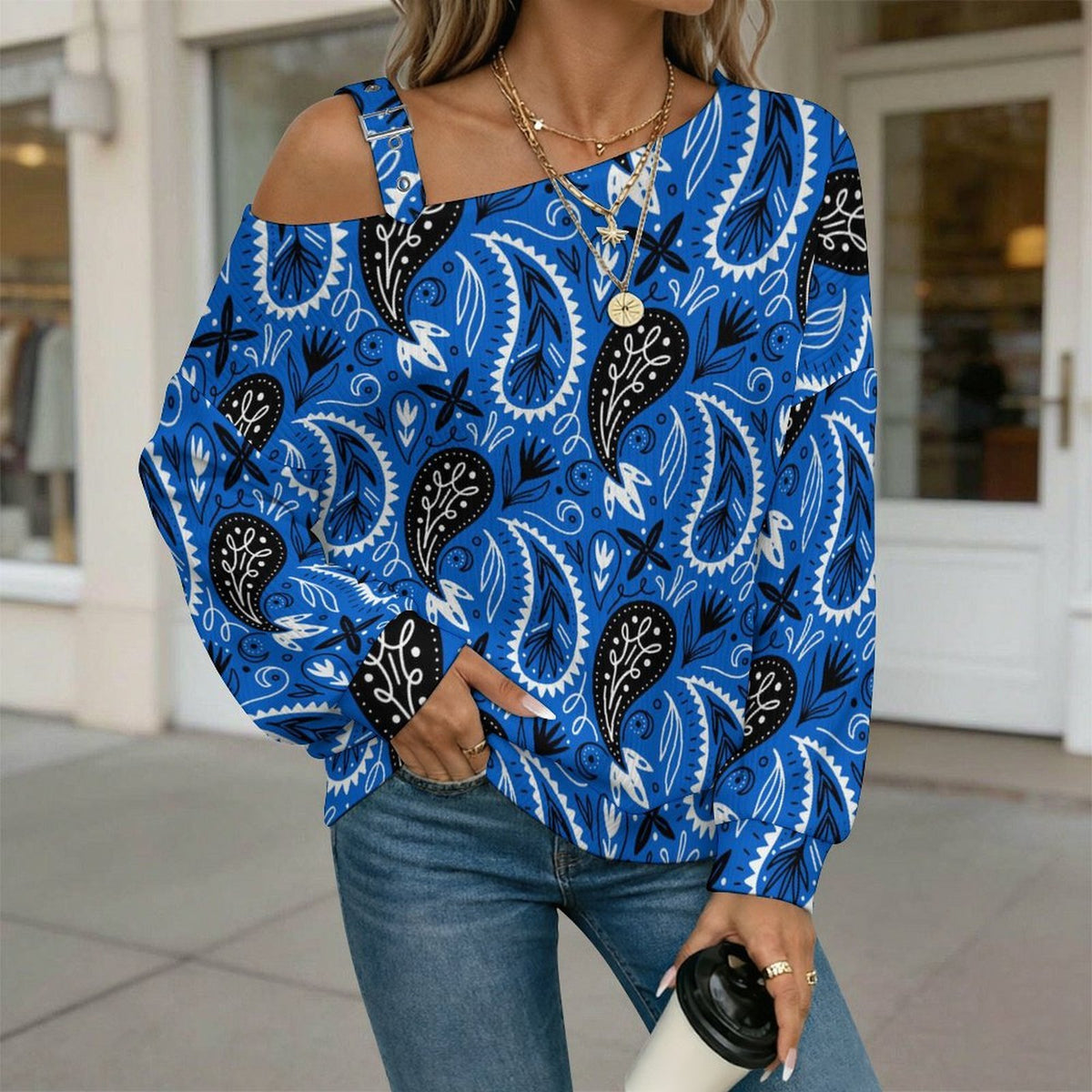 Fall Casual Asymmetric Shoulder Knit Top with Buckle Detail Paisley